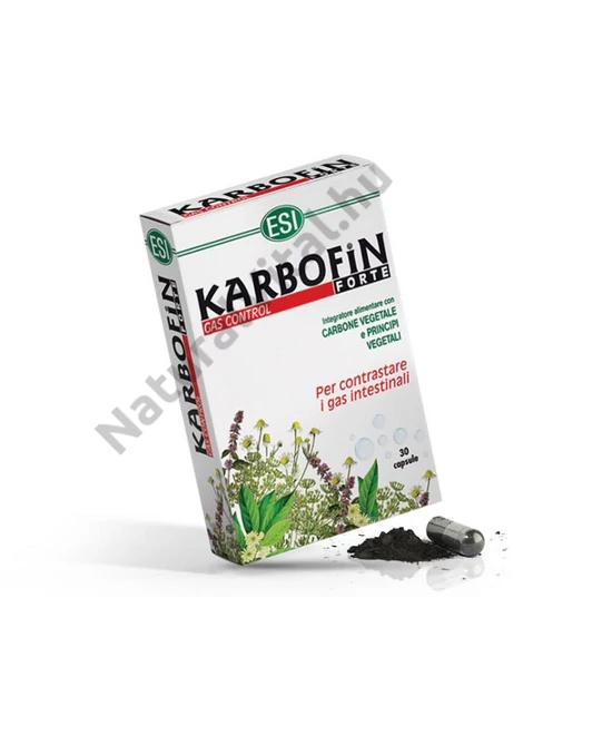 ESI® Karbofin forte, növényi szén kapszula - édeskömény, kamilla, ánizs és borsmenta illóolajokkal.